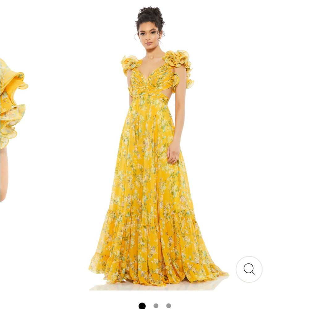 MAC DUGGAL YELLOW RUFFLE TIERED FLORAL CUT-OUT CHIFFON GOWN